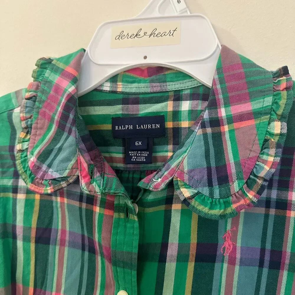 Girls Ralph Lauren Plaid Shirt sz 6X Ruffle collar Button Down Shirt Pink Green